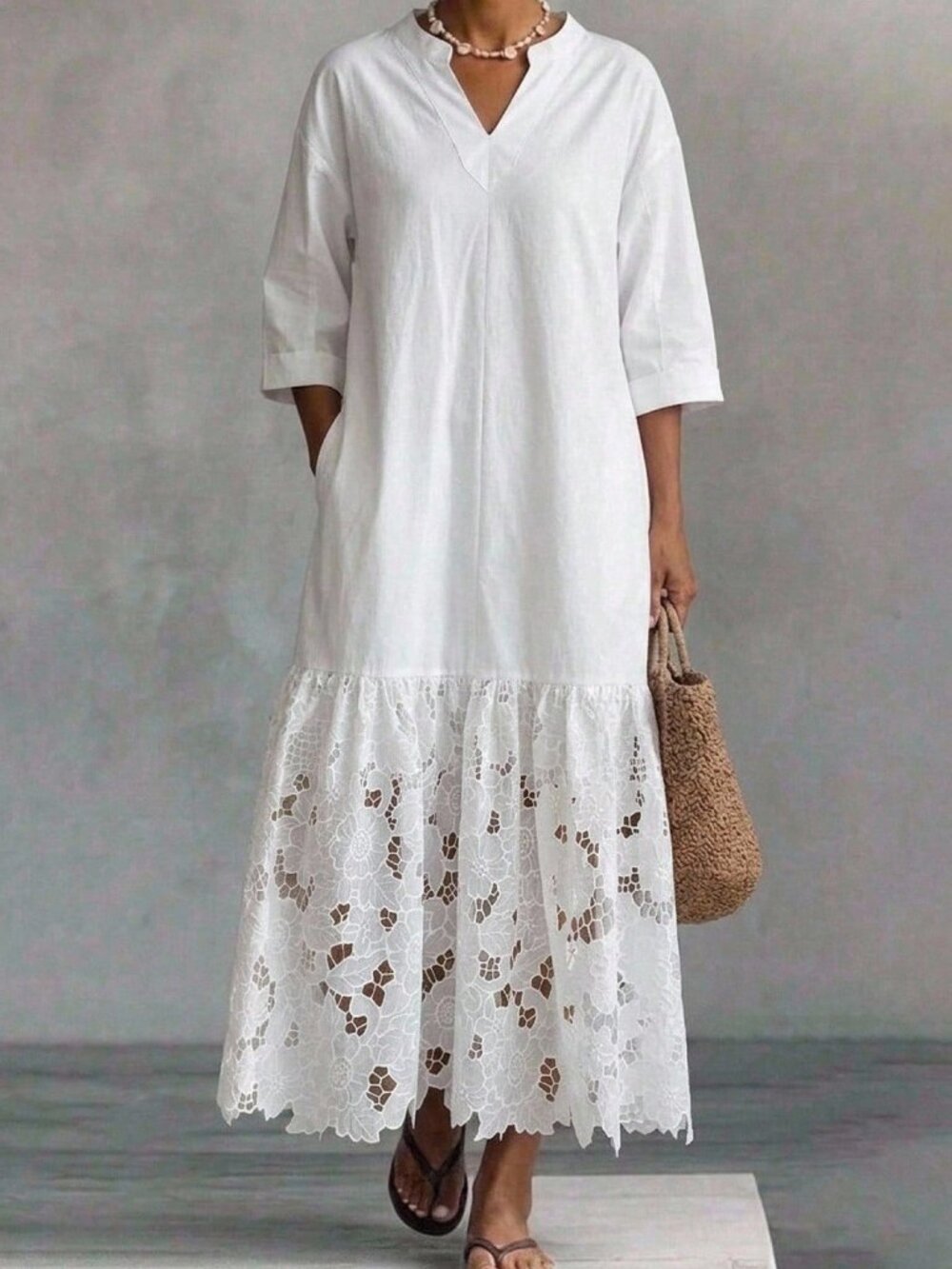 Beige Elegant Casual Women's Lace Patchwork Stand Collar Long Shirt Dress - Picture 8 of 9